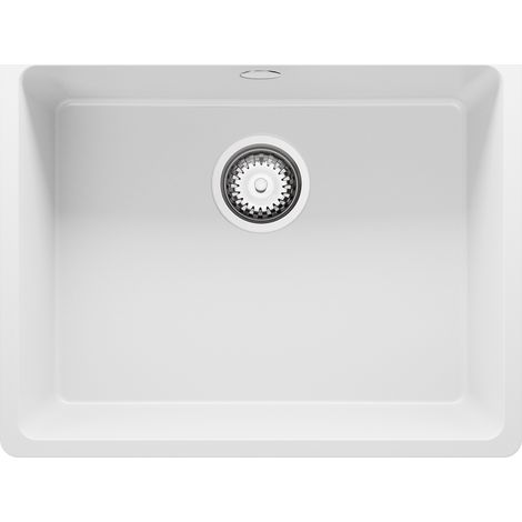 PRIMAGRAN Evier Sous Plan 56x44cm, Evier en Granit 1 bac + Kit de Vidage, Évier au meuble 60cm - Venise Easy, Blanc (1/5)
