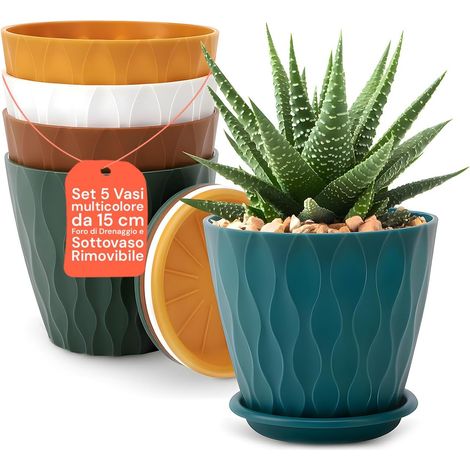 Lot de 5 Pots pour Plantes - 15 cm - Plastique - Avec Trou de Drainage et Soucoupe - Intérieur et Bureau - Multicolore (1/5)