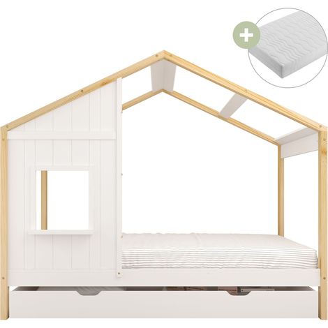 Sunny Beau Lit Cabane Avec Tiroir De Rangement, En Bois, Marron/Blanc Pour Enfants - Matelas Hybride 90X200 Inclus - Montessori Dimensions Totales: 208 X 97 X 171 Cm (1/5)