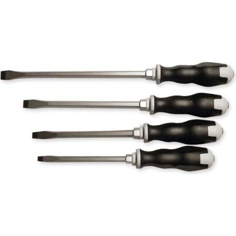 Assortiment de 4 tournevis plats mécaniciens – Lames en acier S2 – Longueurs 14/12/10/8 cm – Manche ergonomique bi-matière