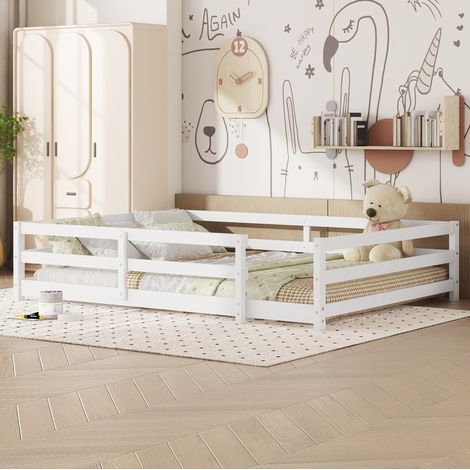 Cama Montessori infantil (204x144x40 cm), con barandilla de 4 lados y somier incluido, madera de pino blanca (1/5)