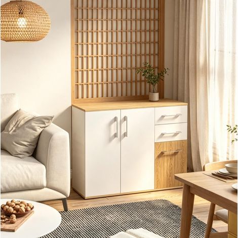 Platzsparendes Sideboard 90 x 30 x 75,5 cm in Weiß und Natur HAVRYA (1/5)