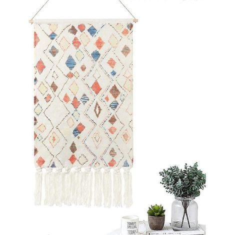 Tapisserie murale tissée en macramé, style bohème chic, motif géométrique montagne, décoration murale bohème aztèque pour appartement, maison ou chambre d'étudiant (diamant) (1/4)