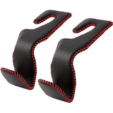 Set of 2 leather car headrest hooks, for vehicle back seat, handbag, grocery bag and more, black and red (1/5)