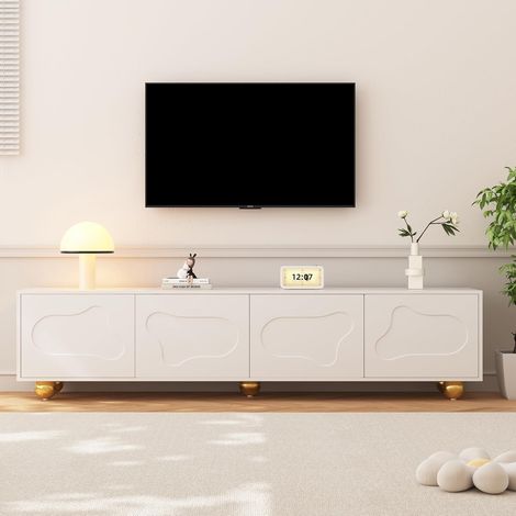 Mobile TV bianco 180 x 40 x 45 cm, credenza bassa moderna con 2 ampi contenitori e 4 ante, per televisori fino a 75 pollici (1/5)
