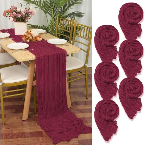 Lot de 6 chemins de table bourgogne 55x300cm, gaze rustique vin rouge, déco mariage. (1/5)