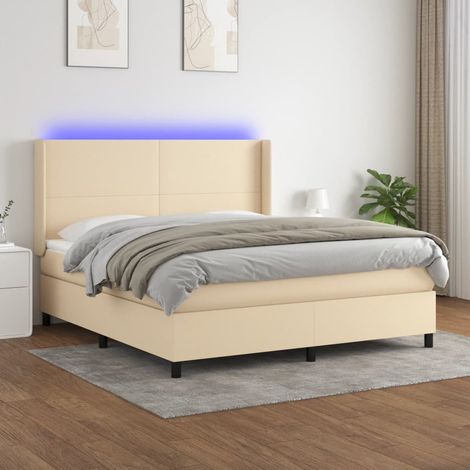 Cama box spring colchón y luces LED tela crema 180x200 cm (1/5)
