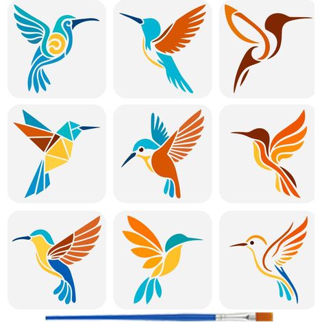 9Pcs Pochoir Colibri pour Peinture Au Pinceau 15x15cm Réutilisable Modèle de Silhouette D'Oiseau Pochoir à Motif Colibri Creux Modèle en Plastique Thème Animal pour la Décoration (1/5)