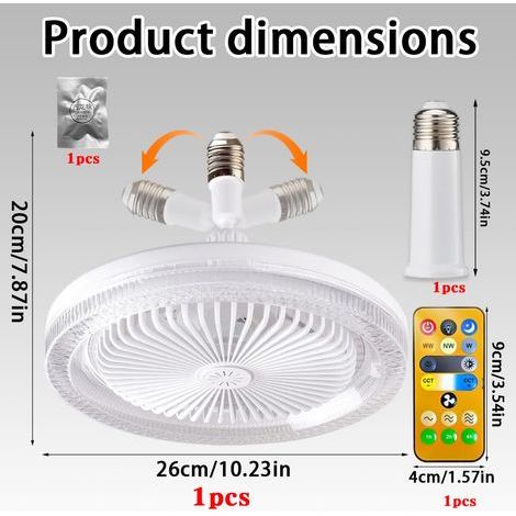 Shengou Lampe Ventilateur Plafond,Luminaire Ventilateur Plafonnier,Lustre Silencieux Silencieux Avec Lumiere et Telecommande,Ventilo Plafond Avec Lumière (Blanc, 26cm) (1/4)