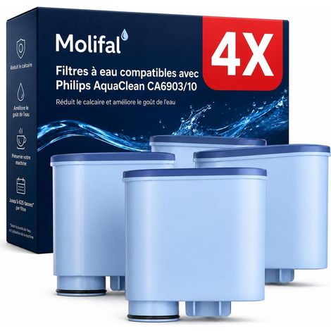 Lot de 4 filtres à eau compatibles Philips AquaClean CA6903/10, CA6903/22. Compatible avec Saeco Philips LatteGo. Sans BPA, anti-calcaire, améliore le goût (1/5)