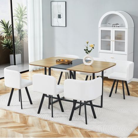 Juego de comedor extensible para 4 a 6 personas, sillas guardables, MDF, metal y PU, natural, negro y blanco (1/5)