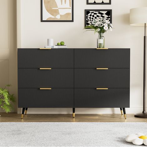 Sideboard aus Spanplatte in Schwarz 120 x 40 x 77 cm mit 6 Schubladen, Wellenfront und hohen Füßen (1/5)