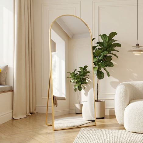 Miroir plein longueur bombé 165x60 cm，grand miroir de sol avec support ou mural pour chambre et entrée - alliage d'aluminium - doré