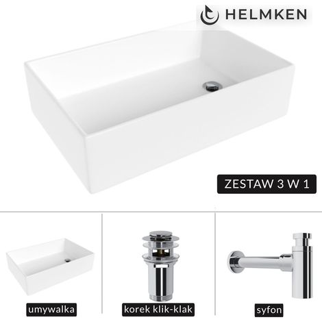 Lavabo à poser Helmken 51861000 (61 x 40) Blanc + Siphon chromé + Bouchon clic-clac chromé (1/5)