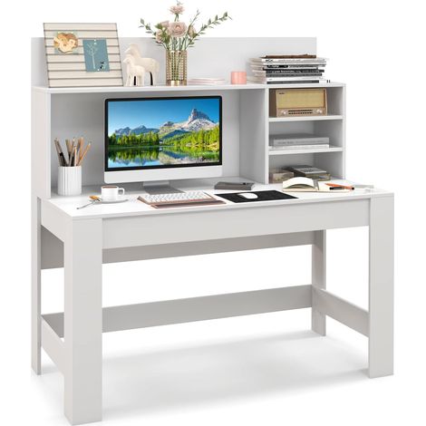 COSTWAY Schreibtisch mit Regal, Computertisch mit Kabelführungslöchern, moderner Arbeitstisch PC-Tisch, Bürotisch für Arbeitszimmer & Schlafzimmer, Weiß, 120 x 54 x 129 cm (1/5)
