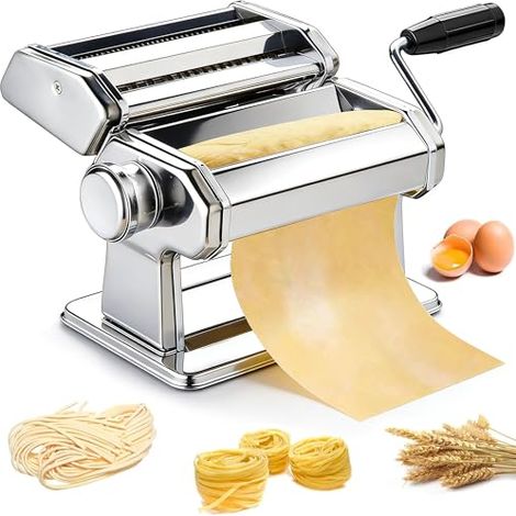Machine à pâtes manuelle en acier inoxydable, idéale pour les pâtes plates italiennes, les lasagnes et bien plus encore, comprenant un coupe-pâte et une manivelle. (1/4)