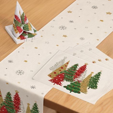 Set de table décoration de Noël : chemin de table 40x140cm, 4 sets de table, 20 serviettes