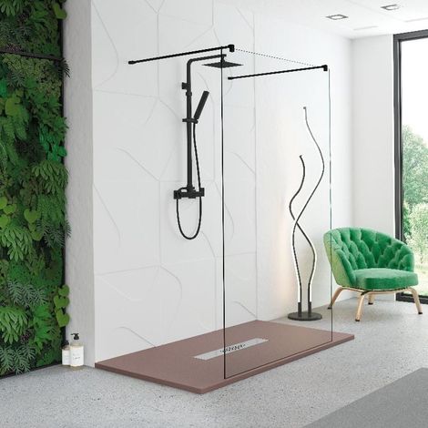 Walk In Duschwand MANACOR freistehend mit zwei Stabilisationsbügeln schwarz - Glas 8mm / 90 cm