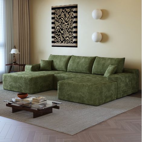 Sofá esquinero modular de 270 cm en verde con chaise longue en L, tejido de pana, asiento profundo (1/5)