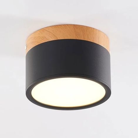 LED Plafonnier, Spot en saillie, Finition bois, Mini plafonnier, Rond, Noir, Lumière naturelle 4000 K, 12 W. [Classe énergétique (1/5)