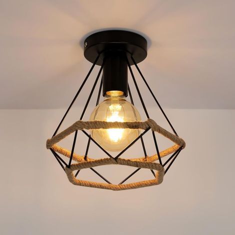 Industrielle Deckenleuchte aus schwarzem Metall und Hanfseil – Lampenschirm 25 x 25 cm – E27-Fassung für LED-Leuchtmittel – Für Wohnzimmer und Küchen. Leuchtmittel nicht enthalten. (1/5)