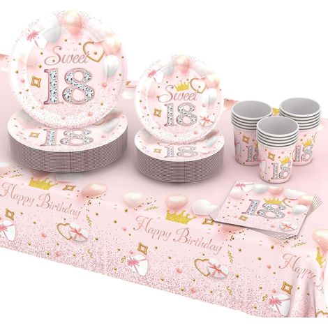 Vajilla de papel para una fiesta de 18 cumpleaños, platos y vasos, juego para 16 invitados.