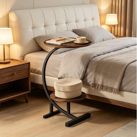 Mesa auxiliar redonda (Ø40+Ø30)x66 cm, doble superficie, tablero resistente al agua y arañazos, MDF y metal marrón rústico (1/5)