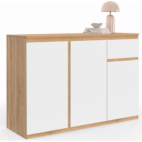 Credenza TOMI 100 cm con 3 ante e 1 cassetto, bianco e legno (1/5)