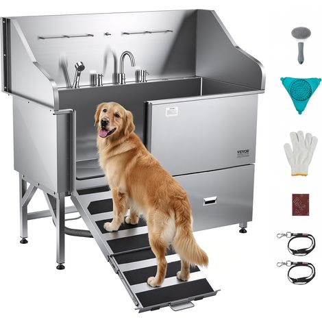 VEVOR Baignoire de Chien Acier Inoxydable, Baignoire de Toilettage pour Animaux de Compagnie 155 cm Station de Lavage Chat, avec Rampe, Panneau Filtre a Eau, Robinet, Pommeau de Douche, Porte Droite