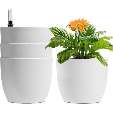 T4U 15cm Weiß Selbstwässernder Blumentopf Set 4er-Set mit Wasseranzeiger (1/5)
