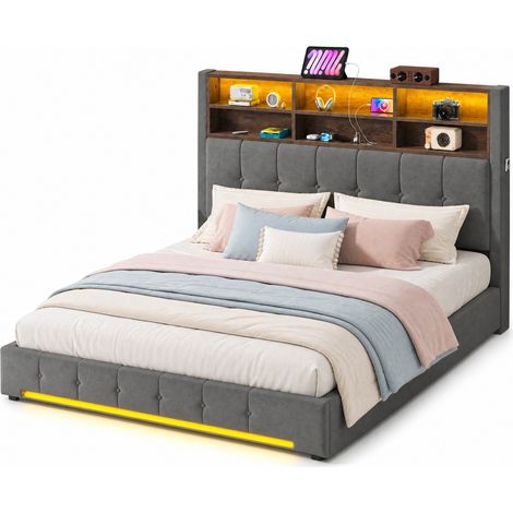 CHICFURN Letto contenitore 180x200 cm in velluto grigio scuro, testiera 6 nicchie, LED e USB-C (1/5)