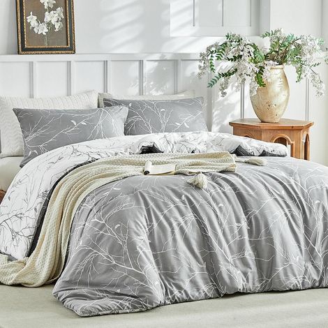 Bettbezug-Set Super King 220x260 cm Wendbar Grau Pflanzen Mikrofaser Reißverschluss