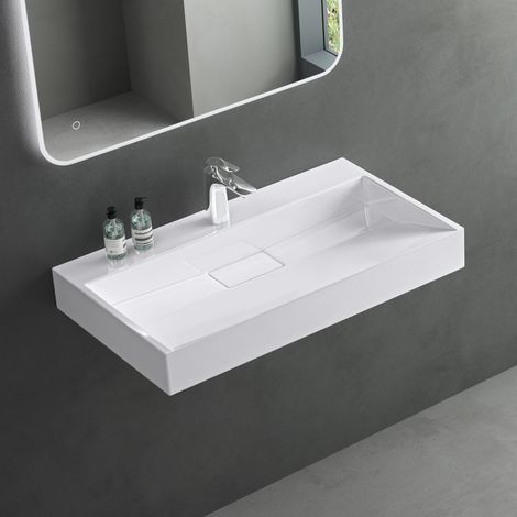 Mai & Mai Lavabo Suspendu Blanc 70x46x11cm Vasque à Poser Rectangulaire avec Perçage pour Robinet avec Bonde et Cache Bonde Col19