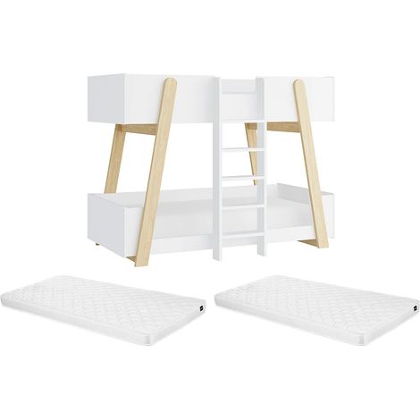 Letto a castello 90 x 190 cm - Bianco e naturale + Materasso - CORODELA (1/5)