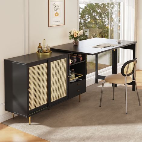 Table debout design noir extensible 360° rotatif, corps principal 107 x 40 x 71,4 cm, meuble de rangement avec porte en rotin + étagère ouverte, idéal pour cuisine et salle à manger (1/5)