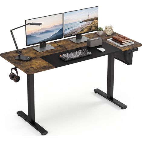 Bureau assis-debout électrique brun rustique 140x60 cm avec structure en T et panneau LED, pour bureau à domicile et espace d'étude (1/3)