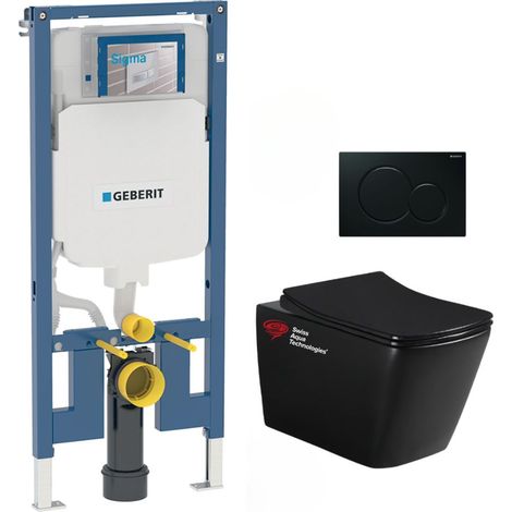 Pack WC Bati-support Geberit + WC sans bride Swiss Aqua Technologies + abattant SoftClose + plaque noire (SLIMSBLINFIA) (1/5)