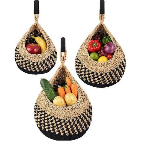 Ensemble de 3 paniers muraux suspendus style bohème pour la cuisine, en forme de larme, avec crochets, pour ranger fruits, oignons, légumes et pommes de terre. (1/5)