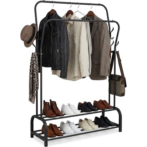 Relaxdays Kleiderständer, HxBxT: 146 x 110 x 33 cm, 2 Ablagen & 2 Kleiderstangen, 8 Haken, Doppelgarderobe, schwarz