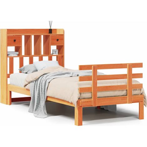 Lit simple  Lit adulte  Lit bibliothèque sans matelas cire marron 75x190 cm pin massif
