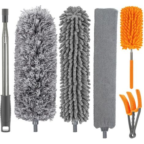 Plumeau Poussière, Microfibre avec Poignée Télescopique en Acier Inoxydable, Pliable Lavable pour Nettoyage Poussière Plafond Rideau Lustre., Gris (1/5)