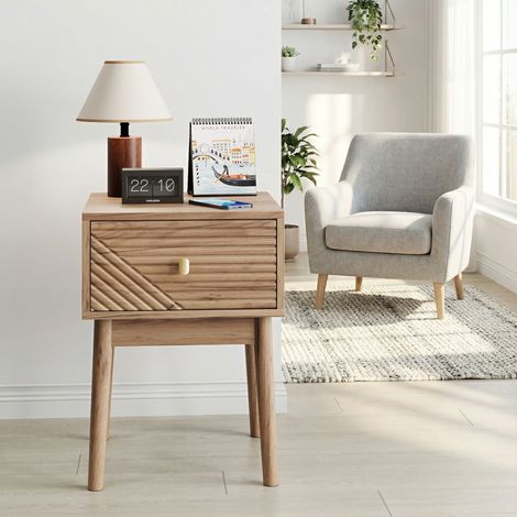 Table de chevet en chêne design mid-century, table de nuit avec poignées métalliques, dimensions 40x40x55 cm, lot de 2 meubles modernes (1/5)