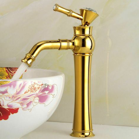Ahlsen Grifo mezclador para fregadero, grifo para lavabo de baño, grifo de baño de lujo, grifo para lavabo de cristal cromado (dorado, alto) (1/5)