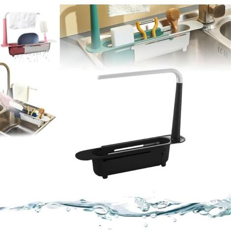BUNTHAUS Noir,Porte Eponge Evier Cuisine,Organisateur D'évier Télescopique, égouttoir à Ustensiles Suspendu, Porte Eponge Evier Amovible Rangement Range,Rangements sous évier pour Placer Chiffons, Épo (1/5)