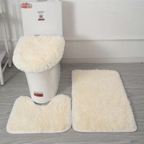 Ensemble de 3 pièces, tapis de bain antidérapant beige, tapis de toilette contour duveteux, housse de siège de toilette duveteuse