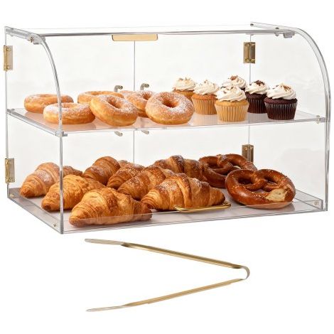 Vitrina de Exhibición de Panadería 2 Niveles, Vitrina de Acrílica Transparente para Panadería 55,8 x 35,5 x 35,5 cm, con Puerta Trasera y Delantera, Escaparate para Galletas, Postres, Donas (1/5)