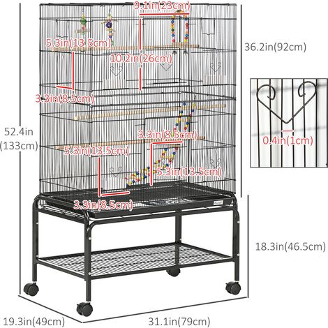 Cage à oiseaux noire de 132 cm avec support à roulettes et jouets pour perruches ondulées (1/5)