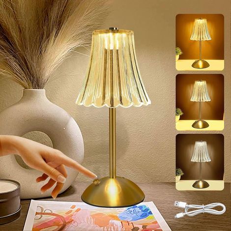Lampe de table sans fil rechargeable, cristal doré, avec variateur tactile et LED 3 couleurs, style vintage