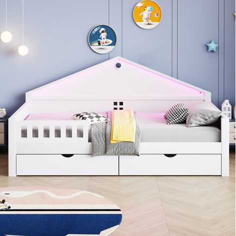 Letto singolo 90/200 cm bianco con LED e 2 cassetti (1/5)