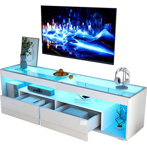 Mobile TV 180x40x46 cm, Elegante con 2 Cassetti e Illuminazione LED Regolabile, Legno Bianco, per Soggiorno (1/5)